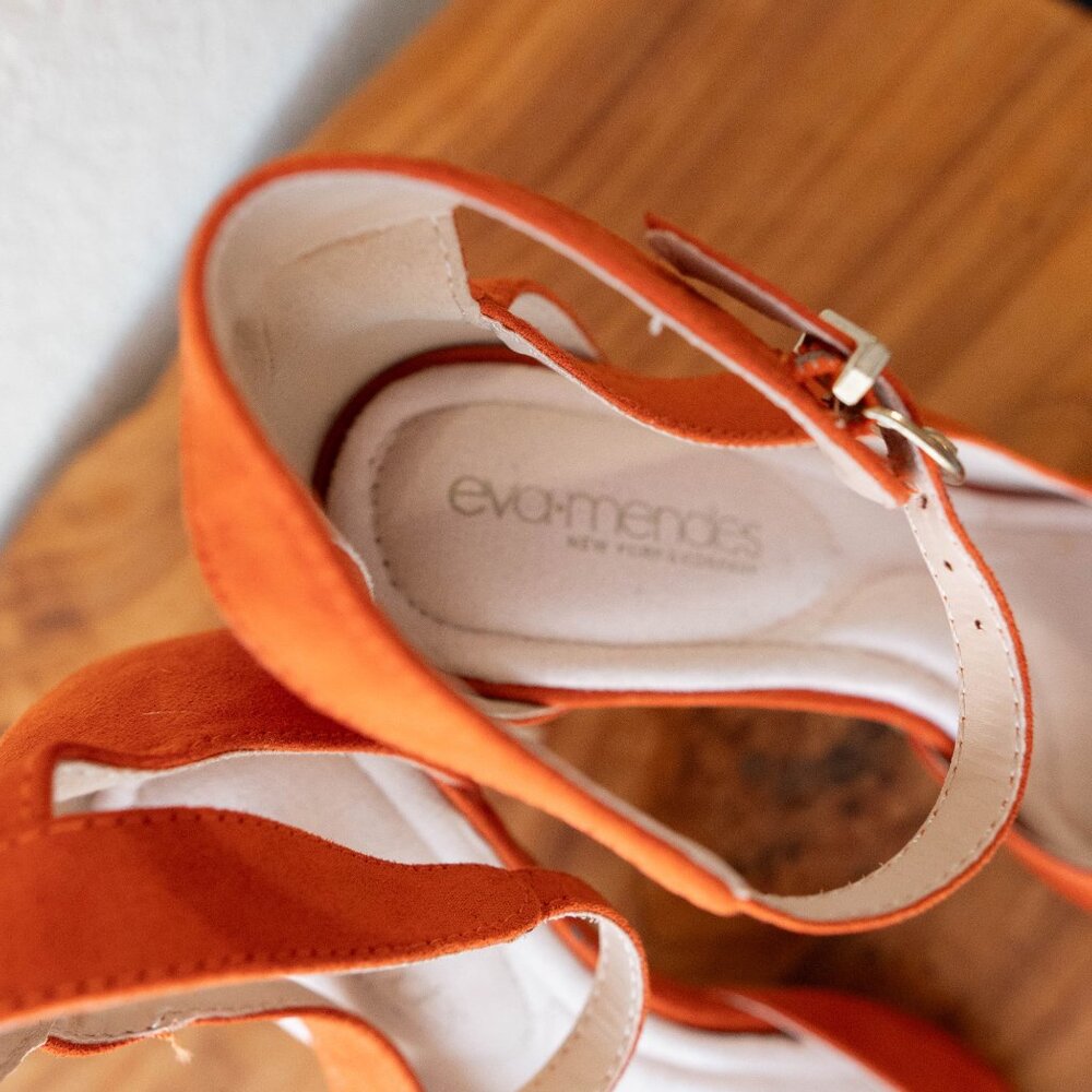 Eva Mendes Orange Suede Ankle Strap Heels | Size 9M Pointed Toe Stilettos - Picture 6 of 6